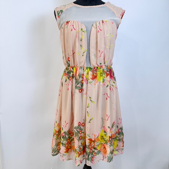 Floral Chiffon Fit and Flare Dress Size Small? Peach Sheer Details Feminine Y2K - Picture 1 of 8